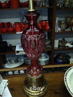Bohemian Crystal Lamp Cranberry cut to clear 36.5 Hollywood Regency Mid Century