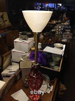 Bohemian Crystal Lamp Cranberry cut to clear 36.5 Hollywood Regency Mid Century