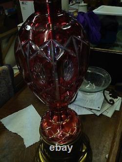 Bohemian Crystal Lamp Cranberry cut to clear 36.5 Hollywood Regency Mid Century