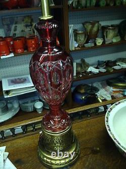 Bohemian Crystal Lamp Cranberry cut to clear 36.5 Hollywood Regency Mid Century