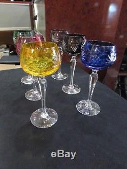 Bohemian Crystal Wine Goblet Glasses Cut to Clear Various Colors Set of 6
