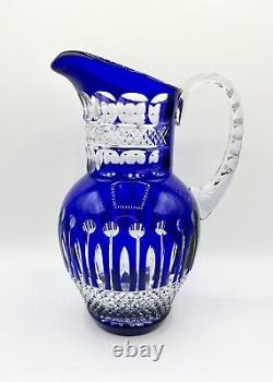 Bohemian Cut Blue Cobalt Pitcher Stunning READ Crystal Handcrafted Glass Rare