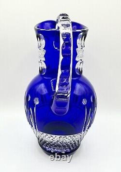 Bohemian Cut Blue Cobalt Pitcher Stunning READ Crystal Handcrafted Glass Rare