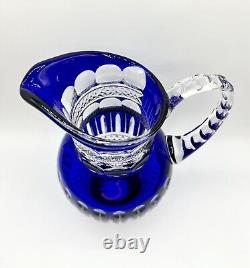 Bohemian Cut Blue Cobalt Pitcher Stunning READ Crystal Handcrafted Glass Rare