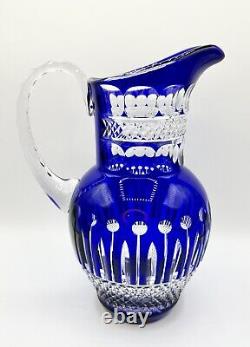 Bohemian Cut Blue Cobalt Pitcher Stunning READ Crystal Handcrafted Glass Rare