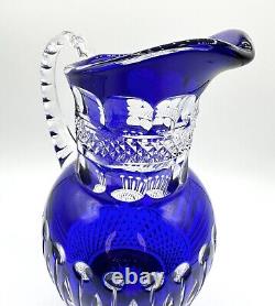 Bohemian Cut Blue Cobalt Pitcher Stunning READ Crystal Handcrafted Glass Rare