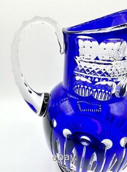 Bohemian Cut Blue Cobalt Pitcher Stunning READ Crystal Handcrafted Glass Rare