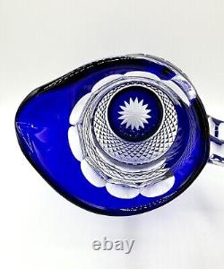 Bohemian Cut Blue Cobalt Pitcher Stunning READ Crystal Handcrafted Glass Rare