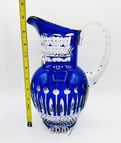 Bohemian Cut Blue Cobalt Pitcher Stunning READ Crystal Handcrafted Glass Rare