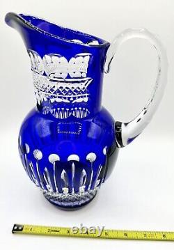 Bohemian Cut Blue Cobalt Pitcher Stunning READ Crystal Handcrafted Glass Rare