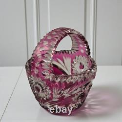 Bohemian Cut Crystal Basket Vase Pink Overlay, Czech Glass, 1960s-70s