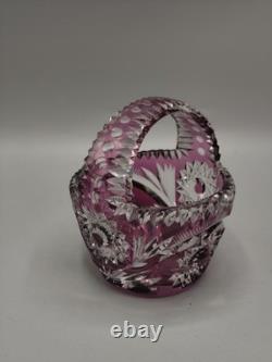 Bohemian Cut Crystal Basket Vase Pink Overlay, Czech Glass, 1960s-70s