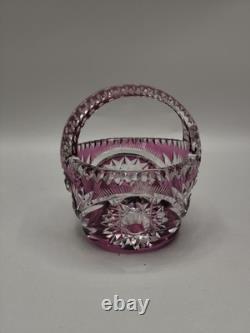 Bohemian Cut Crystal Basket Vase Pink Overlay, Czech Glass, 1960s-70s Bohemian Cut Crystal Basket Vase Pink Overlay, Czech Glass, 1960s-70s