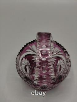 Bohemian Cut Crystal Basket Vase Pink Overlay, Czech Glass, 1960s-70s