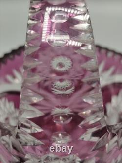 Bohemian Cut Crystal Basket Vase Pink Overlay, Czech Glass, 1960s-70s