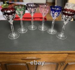Bohemian Cut to Clear Crystal Clarets. 6 available. Multi-Colored. Vintage