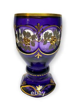 Bohemian Czech Amethyst 24k Gold Enameled Cut to Clear Goblet Wine Glass