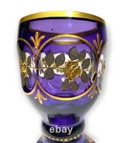 Bohemian Czech Amethyst 24k Gold Enameled Cut to Clear Goblet Wine Glass