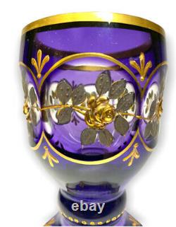 Bohemian Czech Amethyst 24k Gold Enameled Cut to Clear Goblet Wine Glass