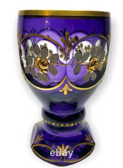 Bohemian Czech Amethyst 24k Gold Enameled Cut to Clear Goblet Wine Glass