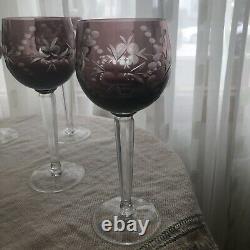 Bohemian Czech Amethyst Cut to Clear Glass Hock Wine Glass/Goblet Crystal Set 5
