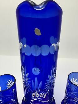Bohemian Czech Cobalt Cut To Clear Crystal Pitcher 6 Glasses Tumblers GORGEOUS
