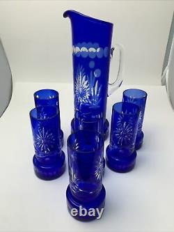 Bohemian Czech Cobalt Cut To Clear Crystal Pitcher 6 Glasses Tumblers GORGEOUS