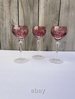 Bohemian Czech Cranberry Red Cut to Clear Glass Hock Goblet Crystal, Set Of 3