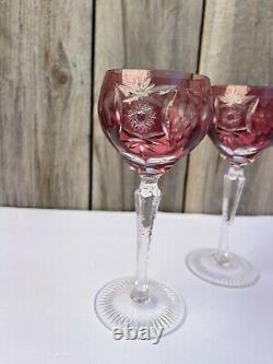 Bohemian Czech Cranberry Red Cut to Clear Glass Hock Goblet Crystal, Set Of 3