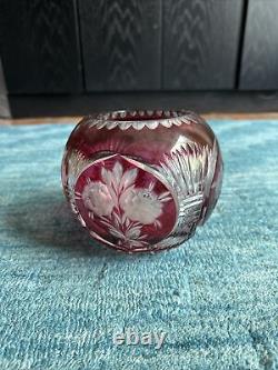 Bohemian Czech Crystal 6 Rose Bowl Cranberry Cut To Clear Glass