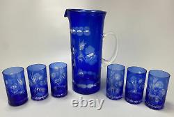 Bohemian Czech Crystal, Cobalt Blue Cut To Clear Glass Pitcher & 6 Juice Glasses