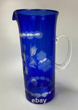 Bohemian Czech Crystal, Cobalt Blue Cut To Clear Glass Pitcher & 6 Juice Glasses