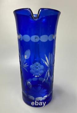 Bohemian Czech Crystal, Cobalt Blue Cut To Clear Glass Pitcher & 6 Juice Glasses