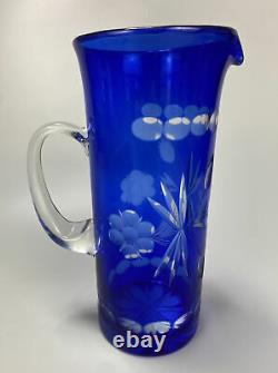 Bohemian Czech Crystal, Cobalt Blue Cut To Clear Glass Pitcher & 6 Juice Glasses