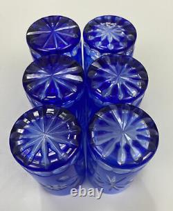 Bohemian Czech Crystal, Cobalt Blue Cut To Clear Glass Pitcher & 6 Juice Glasses