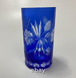 Bohemian Czech Crystal, Cobalt Blue Cut To Clear Glass Pitcher & 6 Juice Glasses