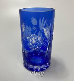 Bohemian Czech Crystal, Cobalt Blue Cut To Clear Glass Pitcher & 6 Juice Glasses