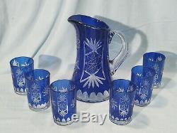 Bohemian Czech Crystal, Cobalt Blue Cut To Clear Pitcher & 6 Water Glass Set