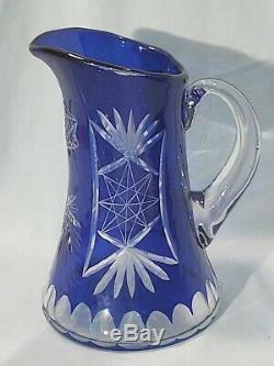 Bohemian Czech Crystal, Cobalt Blue Cut To Clear Pitcher & 6 Water Glass Set