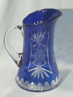 Bohemian Czech Crystal, Cobalt Blue Cut To Clear Pitcher & 6 Water Glass Set