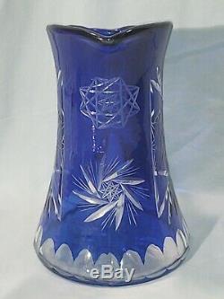 Bohemian Czech Crystal, Cobalt Blue Cut To Clear Pitcher & 6 Water Glass Set