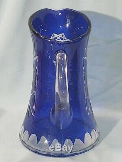 Bohemian Czech Crystal, Cobalt Blue Cut To Clear Pitcher & 6 Water Glass Set