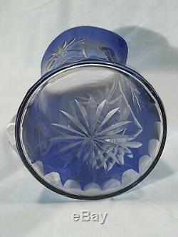Bohemian Czech Crystal, Cobalt Blue Cut To Clear Pitcher & 6 Water Glass Set