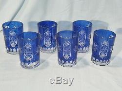 Bohemian Czech Crystal, Cobalt Blue Cut To Clear Pitcher & 6 Water Glass Set