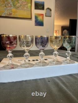 Bohemian Czech Crystal Wine Glass 4 Set Of 5 Vintage Cut To Clear Gold Rim
