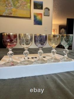 Bohemian Czech Crystal Wine Glass 4 Set Of 5 Vintage Cut To Clear Gold Rim