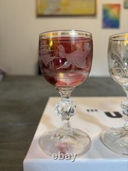 Bohemian Czech Crystal Wine Glass 4 Set Of 5 Vintage Cut To Clear Gold Rim