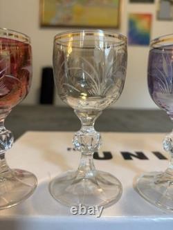 Bohemian Czech Crystal Wine Glass 4 Set Of 5 Vintage Cut To Clear Gold Rim