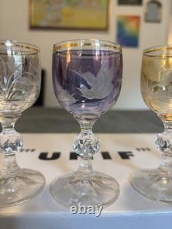 Bohemian Czech Crystal Wine Glass 4 Set Of 5 Vintage Cut To Clear Gold Rim