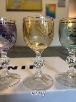 Bohemian Czech Crystal Wine Glass 4 Set Of 5 Vintage Cut To Clear Gold Rim